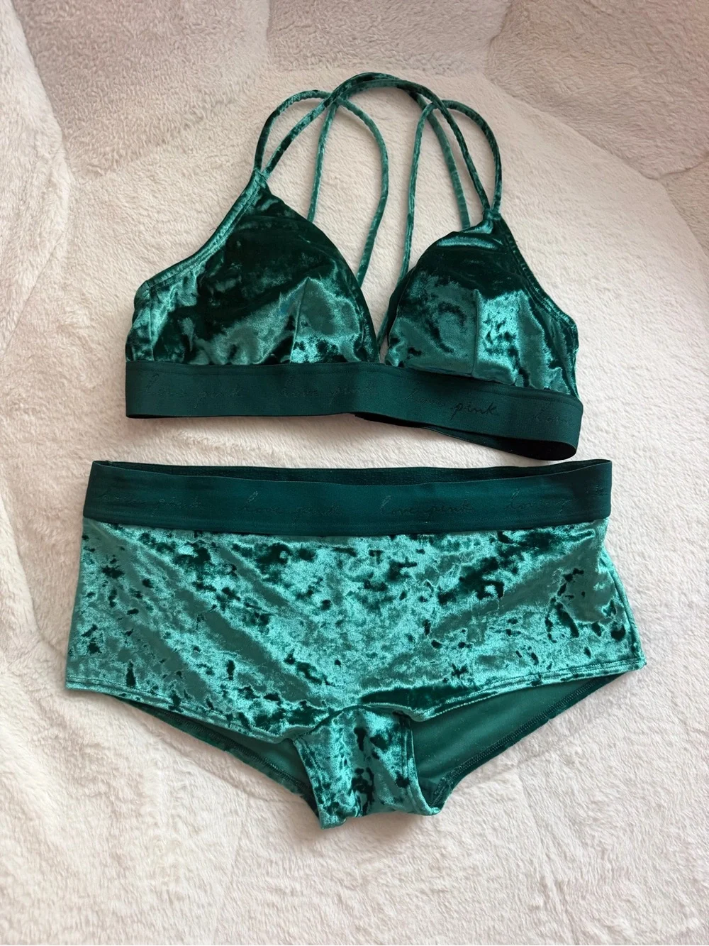 Victoria's Secret Green Velvet Triangle Bralette & Boyshorts